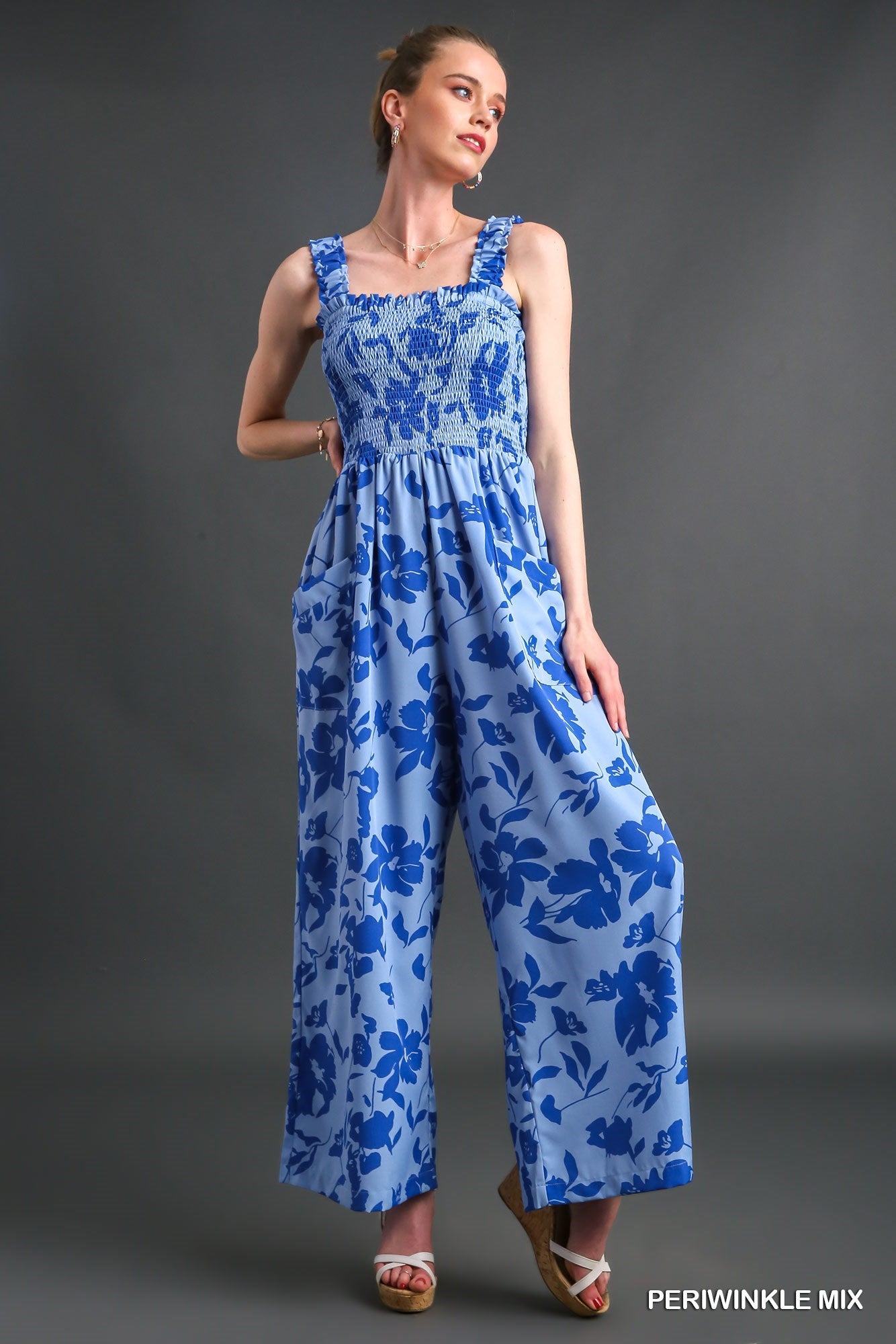 Floral Print Smocked Jumpsuit with Front Pockets