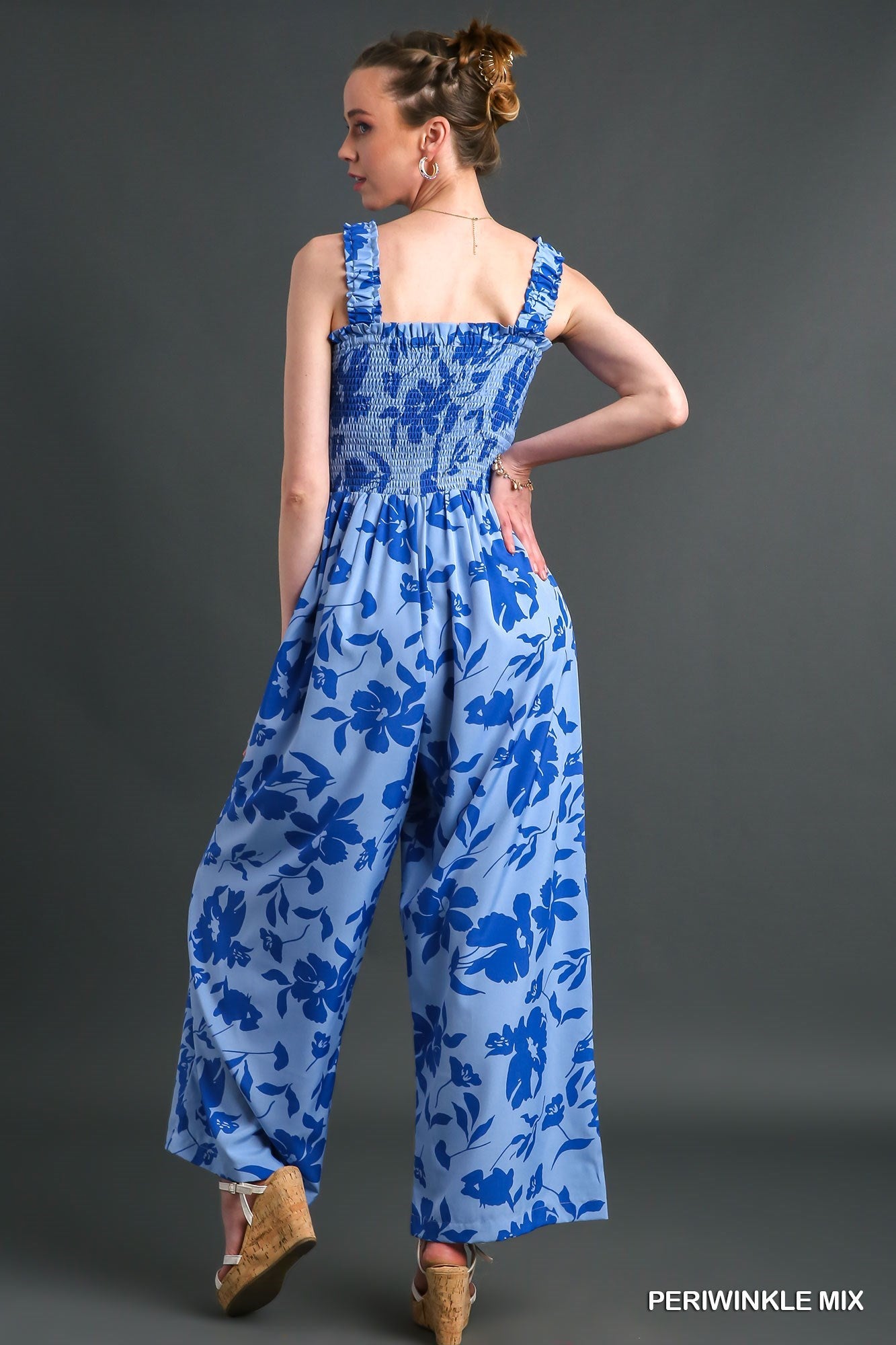 Floral Print Smocked Jumpsuit with Front Pockets